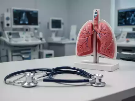 Ein Stethoskop und ein anatomisches Lungenmodell auf einem sauberen Schreibtisch in einer modernen Arztpraxis. - Foto: über boerse-global.de
