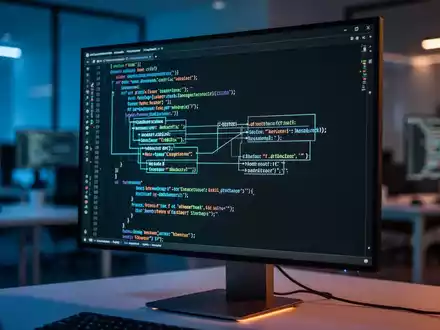 Moderner Computermonitor zeigt komplexe Code-Architektur in professioneller, dunkler Softwareentwicklungsumgebung. - Foto: über boerse-global.de