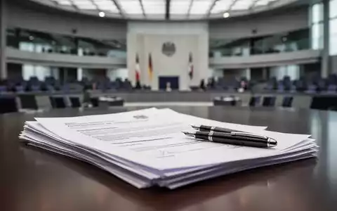 Ein Schreibtisch mit Rentenunterlagen und einem Füllfederhalter vor dem verschwommenen Hintergrund des Bundestages. - Foto: über boerse-global.de