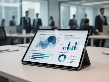 Modernes Büro-Arbeitsumfeld mit digitalem Tablet zur Datenvisualisierung und Compliance-Analyse. - Foto: über boerse-global.de