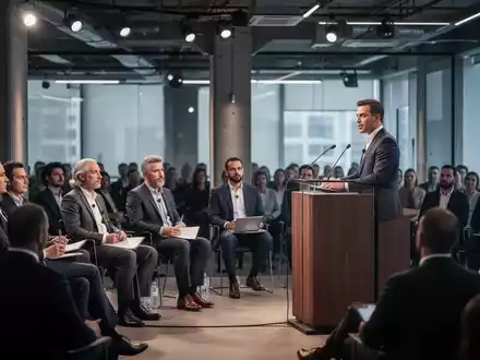 Ein Redner bei einer gewerkschaftlichen Konferenz vor einem aufmerksamen Publikum in einem modernen Tagungsraum. - Foto: über boerse-global.de