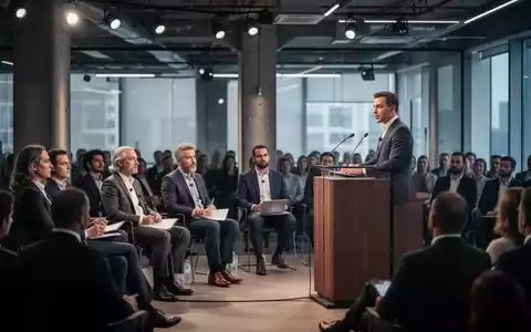 Ein Redner bei einer gewerkschaftlichen Konferenz vor einem aufmerksamen Publikum in einem modernen Tagungsraum. - Foto: über boerse-global.de