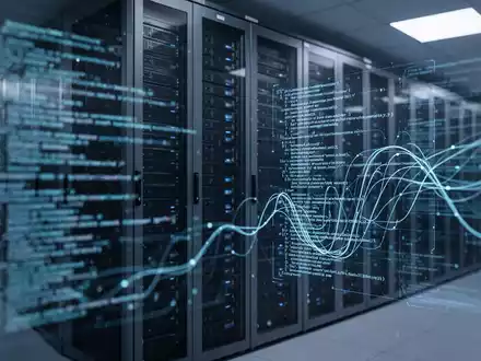 Moderner Server-Rack im Rechenzentrum mit abstrakter digitaler Code-Visualisierung für KI-Infrastruktur und Softwareentwicklung. - Foto: über boerse-global.de