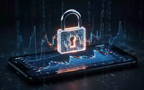 Ein leuchtendes digitales Vorhängeschloss über einem Smartphone, das komplexe Finanzdiagramme und binäre Codes anzeigt. - Foto: über boerse-global.de