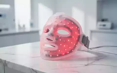 Eine moderne, flexible LED-Rotlichttherapiemaske auf einer weißen Marmoroberfläche in einem klinisch-ästhetischen Umfeld. - Foto: über boerse-global.de