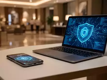 Smartphone und Laptop auf einem Hotel-Schreibtisch als Symbol für Cybersicherheit auf Reisen. - Foto: über boerse-global.de