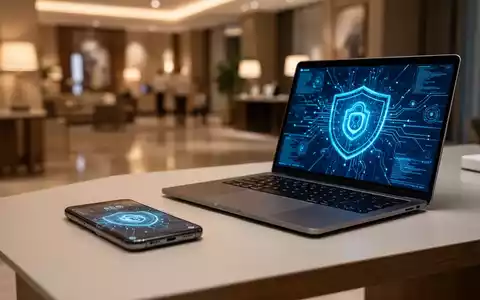 Smartphone und Laptop auf einem Hotel-Schreibtisch als Symbol für Cybersicherheit auf Reisen. - Foto: über boerse-global.de