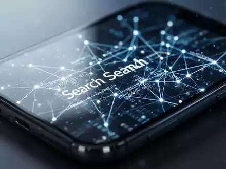 Ein Smartphone-Bildschirm zeigt abstrakte digitale Datenverbindungen und Suchalgorithmen in einer professionellen Büroumgebung. - Foto: über boerse-global.de
