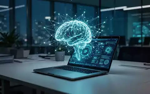Moderner Arbeitsplatz mit leuchtender digitaler neuronaler Netzwerk-Schnittstelle über einem Laptop, die individuelle KI-Software darstellt. - Foto: über boerse-global.de