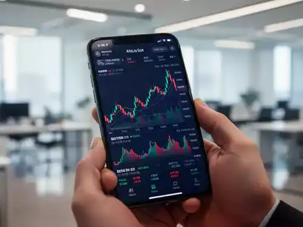 Ein Smartphone zeigt eine moderne Trading-App mit Börsengrafiken in einer hellen Büroumgebung. - Foto: über boerse-global.de