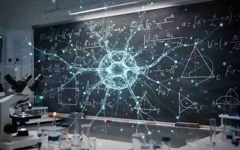 Eine abstrakte digitale Visualisierung eines neuronalen Netzwerks über einer Tafel mit komplexen mathematischen Formeln. - Foto: über boerse-global.de