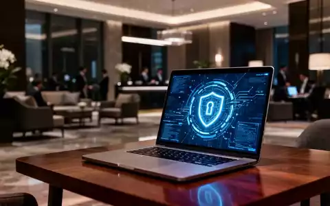 Ein Laptop auf einem Hoteltisch symbolisiert Cybersicherheitsrisiken in öffentlichen WLAN-Netzen. - Foto: über boerse-global.de