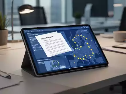 Ein Schreibtisch mit einem Tablet, auf dem digitale Rechtsdokumente und EU-Karten zu sehen sind, als Symbol für grenzüberschreitende Arbeitnehmerüberlassung. - Foto: über boerse-global.de