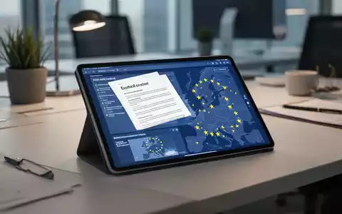Ein Schreibtisch mit einem Tablet, auf dem digitale Rechtsdokumente und EU-Karten zu sehen sind, als Symbol für grenzüberschreitende Arbeitnehmerüberlassung. - Foto: über boerse-global.de