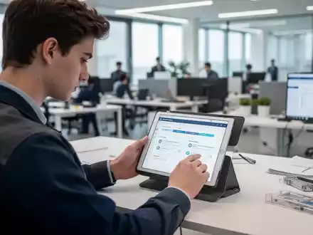 Ein Auszubildender nutzt ein Tablet zur digitalen Dokumentation seiner Tätigkeiten in einem modernen Büro. - Foto: über boerse-global.de