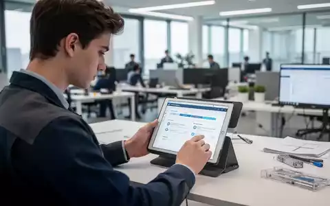 Ein Auszubildender nutzt ein Tablet zur digitalen Dokumentation seiner Tätigkeiten in einem modernen Büro. - Foto: über boerse-global.de