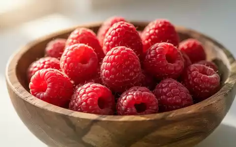 Frische rote Himbeeren in einer Holzschale auf einem neutralen Hintergrund. - Foto: über boerse-global.de
