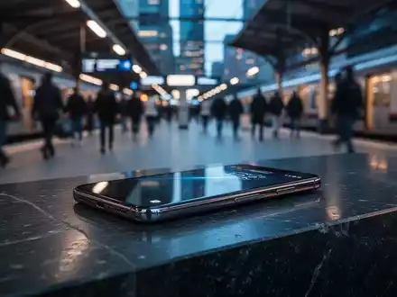 Ein modernes Smartphone auf einem dunklen Untergrund vor einem unscharfen, belebten Bahnhofshintergrund. - Foto: über boerse-global.de