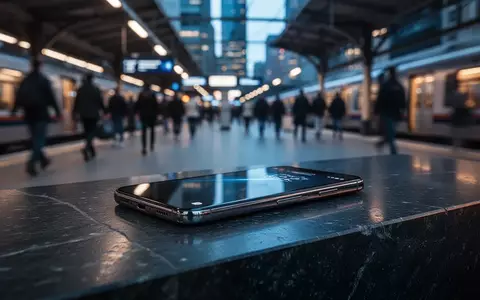 Ein modernes Smartphone auf einem dunklen Untergrund vor einem unscharfen, belebten Bahnhofshintergrund. - Foto: über boerse-global.de