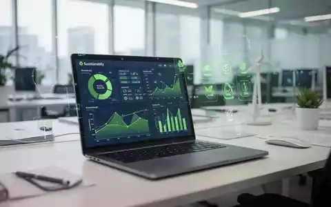 Ein moderner Büroarbeitsplatz mit einem Laptop, auf dem komplexe Nachhaltigkeitsdaten und ESG-Diagramme zu sehen sind. - Foto: über boerse-global.de