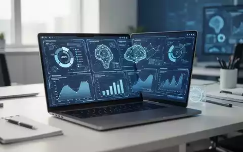 Moderner Büroarbeitsplatz mit Laptop, auf dem komplexe Datenanalysen und KI-Schnittstellen für die Prozessautomatisierung zu sehen sind. - Foto: über boerse-global.de