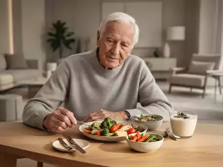 Eine ältere Person sitzt an einem gedeckten Tisch mit einer ausgewogenen Mahlzeit in einer hellen, modernen Umgebung. - Foto: über boerse-global.de