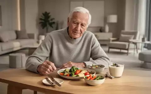 Eine ältere Person sitzt an einem gedeckten Tisch mit einer ausgewogenen Mahlzeit in einer hellen, modernen Umgebung. - Foto: über boerse-global.de