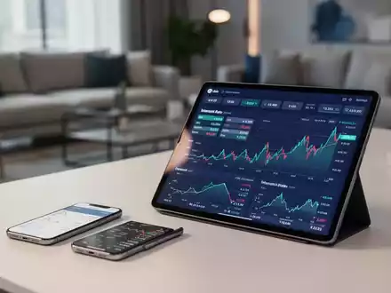 Smartphone und Tablet auf einem Schreibtisch, die digitale Finanzberechnungen und Zinskurven zur Kreditplanung anzeigen. - Foto: über boerse-global.de