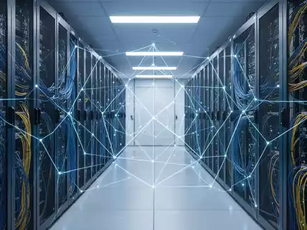 Moderner Serverraum mit leuchtend blauen Lichtern, die deutsche KI-Infrastruktur und digitale Überwachung darstellen. - Foto: über boerse-global.de