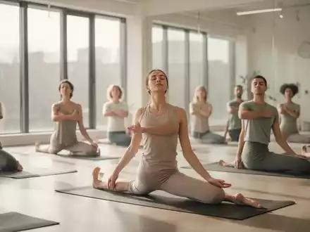 Personen in einem hellen, modernen Studio bei einer angeleiteten Atem- und Yogaübung zur mentalen Entspannung. - Foto: über boerse-global.de