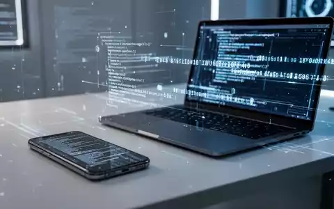 Smartphone und Laptop auf einem Schreibtisch mit verschlüsseltem Code, für datenschutzorientierte Software und Datensicherheit. - Foto: über boerse-global.de