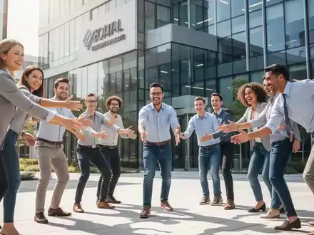 Ein diverses Team von BĂŒroangestellten bei einer gemeinsamen sportlichen AktivitĂ€t im Freien vor einem modernen FirmengebĂ€ude. - Foto: ĂŒber boerse-global.de