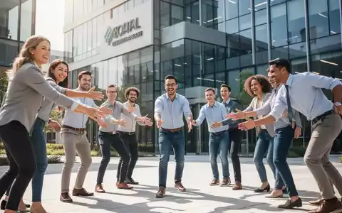 Ein diverses Team von Büroangestellten bei einer gemeinsamen sportlichen Aktivität im Freien vor einem modernen Firmengebäude. - Foto: über boerse-global.de