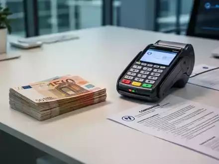 Euro-Banknoten und ein Zahlungsterminal auf einem Schreibtisch als Symbol für die EU-Bargeldobergrenzen. - Foto: über boerse-global.de