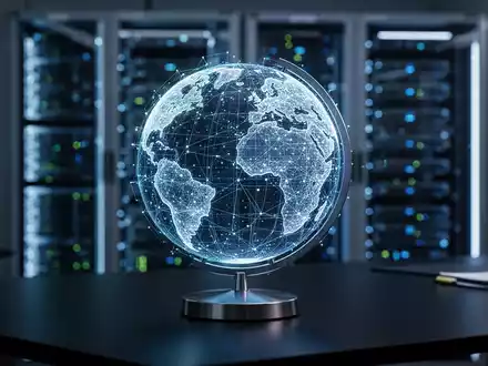 Ein leuchtendes digitales Globusmodell auf einem Schreibtisch, das die Risiken und Herausforderungen von KI-generierten Satellitenbildern symbolisiert. - Foto: über boerse-global.de