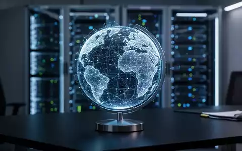 Ein leuchtendes digitales Globusmodell auf einem Schreibtisch, das die Risiken und Herausforderungen von KI-generierten Satellitenbildern symbolisiert. - Foto: über boerse-global.de