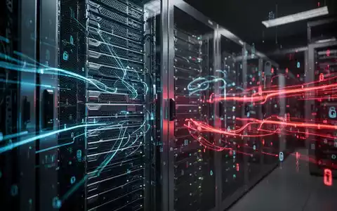 Ein futuristischer Serverraum mit leuchtenden Datenströmen, der Sicherheitsrisiken durch KI-Agenten symbolisiert. - Foto: über boerse-global.de