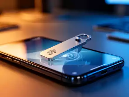 Ein minimalistischer NFC-Sicherheitsschlüssel liegt auf einem modernen Smartphone zur Zugangskontrolle. - Foto: über boerse-global.de