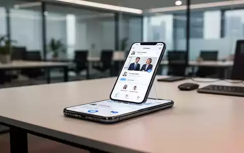 Modernes Büro-Setup mit einem Smartphone, das eine berufliche Netzwerk-Plattform anzeigt, vor einem unscharfen Hintergrund. - Foto: über boerse-global.de