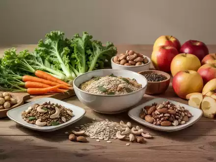 Arrangement aus frischem Gemüse, Vollkornprodukten, Nüssen und Obst auf einem Holztisch als Symbol für gesunde Ernährung. - Foto: über boerse-global.de