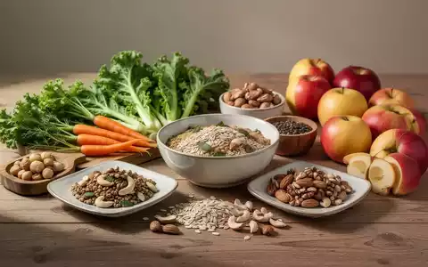 Arrangement aus frischem Gemüse, Vollkornprodukten, Nüssen und Obst auf einem Holztisch als Symbol für gesunde Ernährung. - Foto: über boerse-global.de