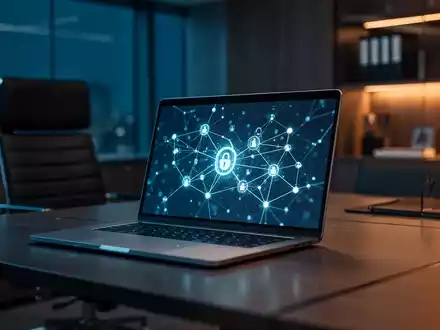Ein Laptop in einem modernen Büro zeigt digitale Sicherheitsnetzwerke als Symbol für NIS-2 Compliance und Cybersicherheit. - Foto: über boerse-global.de