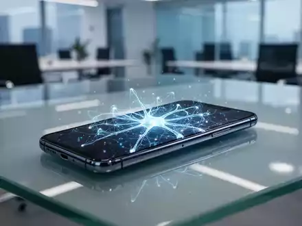 Modernes Smartphone mit leuchtender KI-Netzwerkoberfläche auf einem Schreibtisch, symbolisiert Apples KI-Ökosystem. - Foto: über boerse-global.de