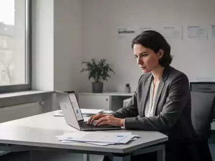 Ein moderner, minimalistischer Arbeitsplatz in einem Jobcenter mit Schreibtisch, Laptop und Dokumenten. - Foto: über boerse-global.de