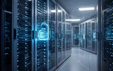Moderner, schwach beleuchteter Serverraum mit leuchtend blauen Lichtern, die Cloud-Datensicherheit und Cybersicherheitsinfrastruktur darstellen. - Foto: über boerse-global.de