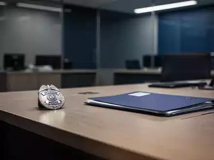 Ein minimalistischer Schreibtisch in einem Polizeirevier mit einer Dienstmarke und einer Akte als Symbol für interne Ermittlungen. - Foto: über boerse-global.de