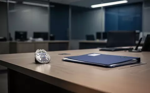 Ein minimalistischer Schreibtisch in einem Polizeirevier mit einer Dienstmarke und einer Akte als Symbol für interne Ermittlungen. - Foto: über boerse-global.de