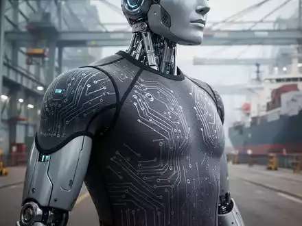 Humanoider Roboter mit spezialisierter intelligenter Haut in industrieller Werftumgebung. - Foto: über boerse-global.de