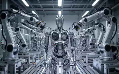 Fließband mit Robotern fertigt Komponenten humanoider Roboter in moderner Industriefabrik. - Foto: über boerse-global.de