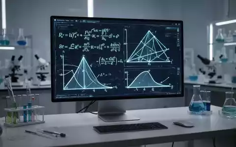 Ein moderner Arbeitsplatz mit einem Bildschirm, der komplexe mathematische Formeln und geometrische Diagramme anzeigt. - Foto: über boerse-global.de